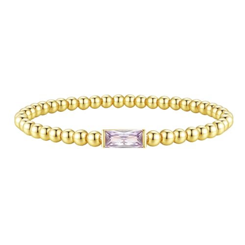 FUNEIA Birthstone Gold Beaded Bracelets for Women Non Tarnish Trendy Dainty 14K Gold Plated Cute Stackable Bead Stretch Friendship Bracelet Stack for Best Friend Couples Birthday Gifts Jewelry - color: 06. June(Alexandrite Bracelet), size: 6.5 Inches