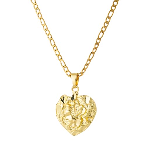 14K White Gold Plated Diamond-cut Heart Pendant Necklace for Women Nugget Heart Charm Figaro Chain Necklaces Minimalist Jewelry - color: gold-large