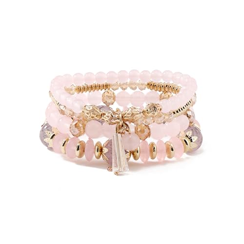 FUTIMELY Bohemian Crystal Beaded Bracelets Set for Women,Dainty Handmade Multilayer Colorful Charm Bracelet Beaded Stackable Stretch Bracelet Jewelry - color: Pink