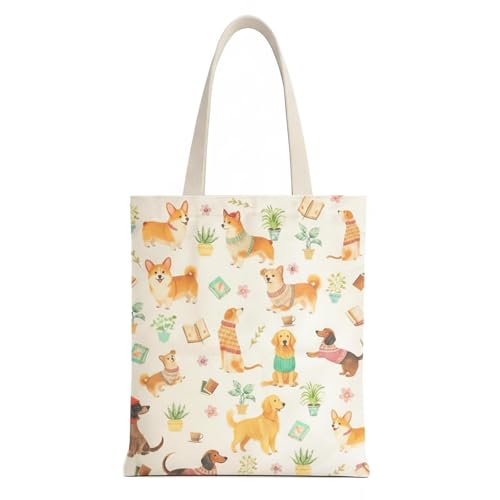 1-PACK Reusable Grocery Shopping Bag, Cute Dog Pattern Canvas Tote Bag with Magnetic Snap Closure and Zipper Inner Pocket - color: A2-dog and Book 1 Pack