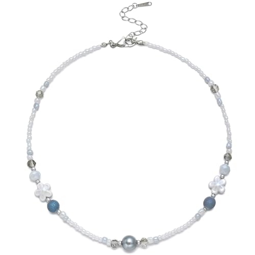 Beaded Necklaces for Women Summer Beach Beaded Necklace Bead Choker Boho Necklaces for Women Handmade Summer Jewelry Stainless Steel 18K Gold Plated - color: White & Blue-gray