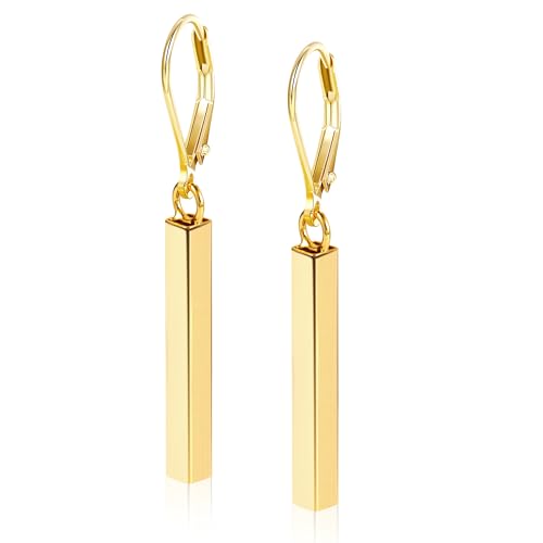 Silver Bar Dangle Drop Earrings for Women, 14K Gold French Style Leverback Dangle Drop Earrings, Hypoallergenic Jewelry - color: 14K Gold