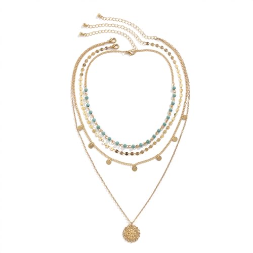 Layered Boho Necklace for Women Turquoise Stackable Sequin Coin Pendant Necklace Charm Toggle Clasp Beaded Chain Beach Prom Dresses Accessories - color: Gold-Sun