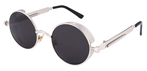 FEISEDY Retro Gothic Steampunk Sunglasses Round Metal Frame Punk Circle Inspired Shade Men B1857 - color: Silver/Grey
