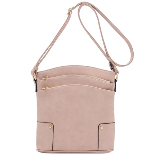 ALYSSA Triple Zip Pocket Large Crossbody Bag - color: Pale Rose