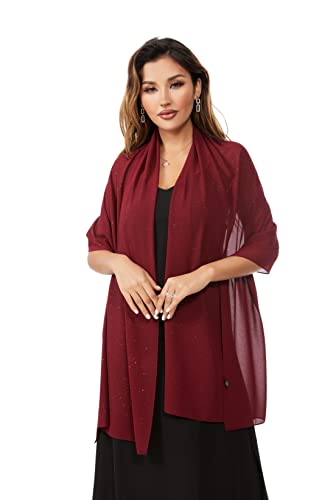Shawls and Wraps for Evening Dresses Sheer Chiffon Women Elegant Soft Silky Sparkly Wedding Bridal Scarf - color: Burgundy B