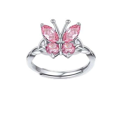Bestyle 925 Sterling Silver Butterfly Ring Hypoallergnic Adjustable Birthstone Rings for Women Butterfly Jewelry Gifts for Anniversary Mothers' Day Birthday - color: 10.October (Rose Quartz)-Ring
