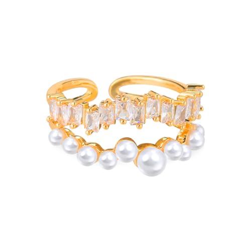 Vintage Crystal Pearl Ring Adjustable Shiny Rhinestone Wrapped Ring Layered Cocktail Knuckle Finge Rings Irregular Pearl Open Band Rings Jewelry Gifts - color: Gold