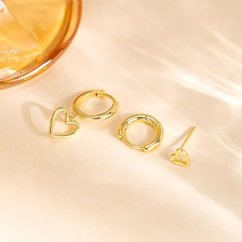 3 Pairs Small Earring Stacks, 14K Gold/Silver/Black/Rose Gold Plated Pearl Heart Butterfly Star Diamond Charm Drop Huggie Earrings Trendy Jewelry Gift for Women - color: Gold-Open Heart