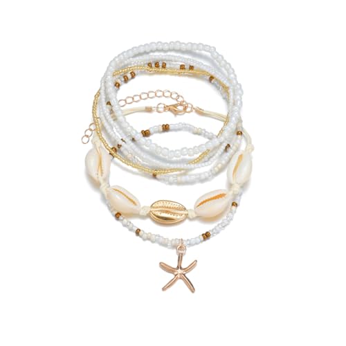 ZMANYIJEW Shell Ankle Bracelet Set for Women, Boho Pearl Adjustable Anklet,Beaded Layered Ankles Bracelets Shell Pendant Elastic Foot Chain Anklets for Women - style: 7pcs