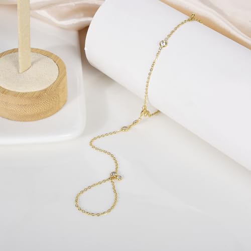 Hand Chain Bracelet Stainless Steel Finger Ring Bracelet Adjustable Gold Plated Hand Chain CZ Stackable Boho Minimalist Jewelry for Women - color: Gold Hand Chain Bracelet AN134G