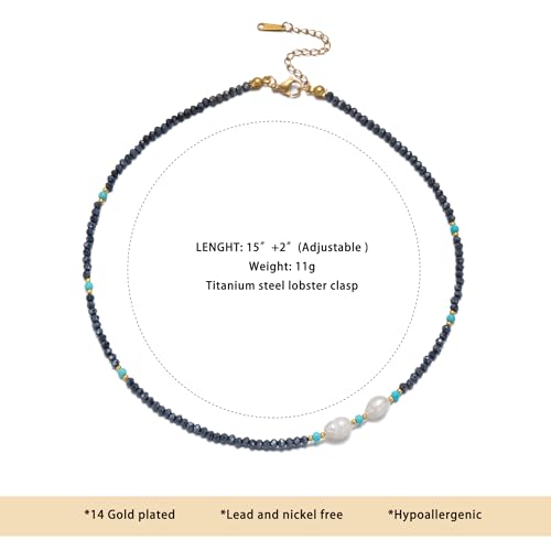 Turquoise Choker Necklace for Women, Western Crystal Bead & Pearl Necklace with Adjustable Chain Natural Stone Energy Jewelry, Boho Beaded Choker for Gifts - color: Turq Baroque Pearl