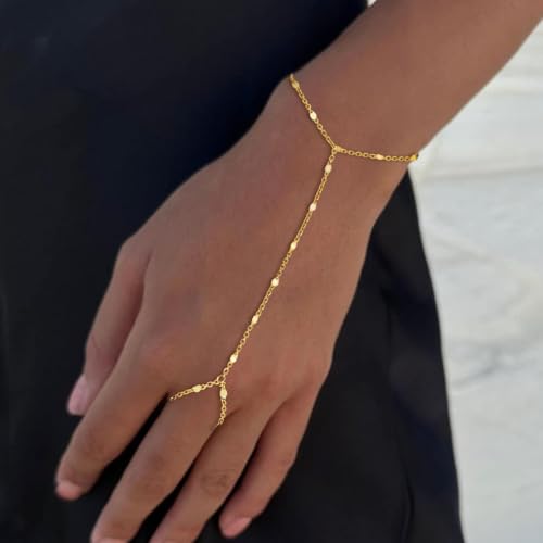 Gold Bracelets for Women Trendy, Dainty Gold Hand Chain Bracelets Stackable 14k Gold Plated Finger Ring Bracelet Hand Chain Cz Flower Layered Link Bracelets for Women Non Tarnish Jewelry Gifts - style: spark hand chain bracelet-gold