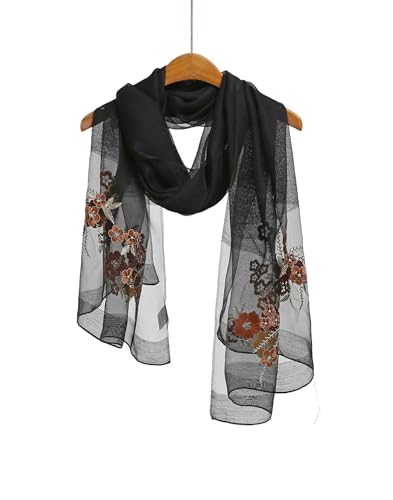 Jeelow Silk Blend Floral Fashion Scarf Shawl Wrap Lightweight Sheer For Women Floral Embroidery Wedding Party Prom - color: Petal Black