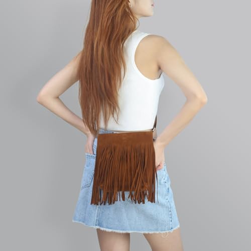 Western Fringe Crossbody Bag for Women Boho Adjustable Shoulder Purse, Vintage Suede Small Handbag for Music Festival & Party - color: Brown