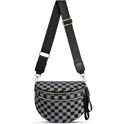 Checkered Crossbody Bag for Women Bum Bag Spacious Nylon Fanny Packs Cross Body Shoulder Purses Bag Handbags - color: Dark Gray Checkered