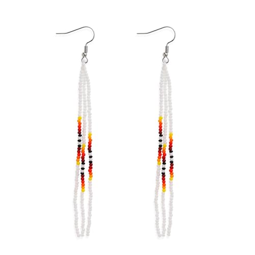 Native Long Beaded Tassel Earrings for Women, Boho Handmade Colorful Beads Statement Dangle Earing Prom Jewelry Gift. - color: White