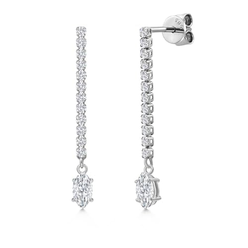 Gem Stone King 14K White Gold Gemstone Birthstone and White Lab Grown Diamond Long Liner Dangle Earrings for Women | Marquise 6X3MM | White Gold Chain Drop Earrings - style: White Moissanite, April