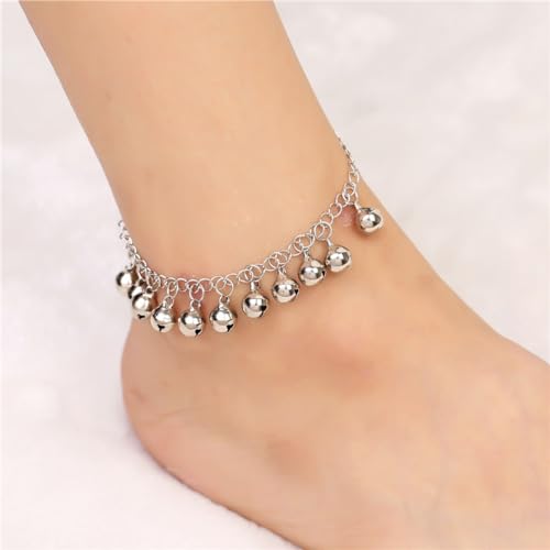 Boho Jingling Bell Tassel Anklet Bracelet for Women Vintage Silver Sounds Bells Beaded Adjustable Jingle Charm Ankle Foot Chain Indian Gypsy Barefoot Sandals Goth Hippie Anklets Feet Summer Beach Belly Dance Jewelry - color: silver