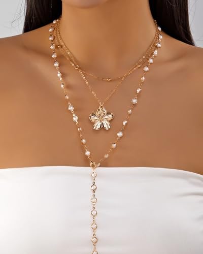 Layered Gold Flower Shell Pearl Necklaces for Women Long Pearl Y-Shaped Necklace Trendy Gold Flower Shell Pendant Necklace Dainty Pearls Choker Summer Jewelry Accessories Gift - color: A2:gold layered necklaces