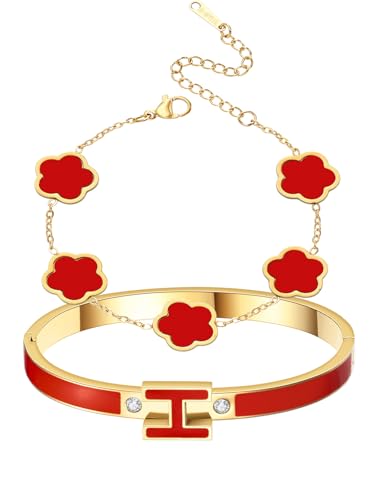 H Bangle & Clover Bracelet for Women - Stainless Steel Fashion Jewelry - 18K Gold Plated H Bangle and Lucky Five Leaf Clover Bracelet - Elegant Bracelets Set - Gift for Women - color: Gold-Red Set