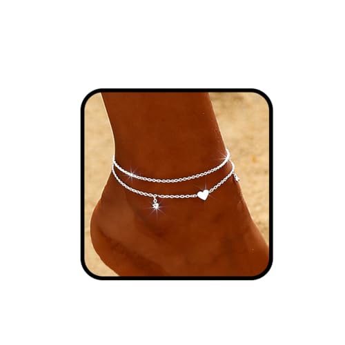 925 Sterling Silver Ankle Bracelets for Women 14K Gold Plated Layered Anklet Sets Dainty Heart Anklets Chain Waterproof Beach Foot Jewelry Gifts - style: Heart-Silver2