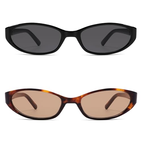 Retro Oval Sunglasses for Women Men Y2k Narrow Cat Eye Sunnies Skinny Shades AR82299 - color: 10. Black/Grey+tortoise/Light Tea