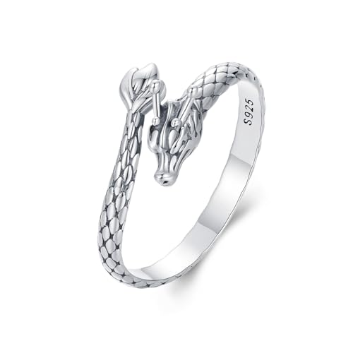 BISAER 925 Sterling Silver Ring Adjustable Cute Unique Cat Snake Butterfly Dragonfly Fashionable Ring For Women Jewelry - color: Silver Dragon