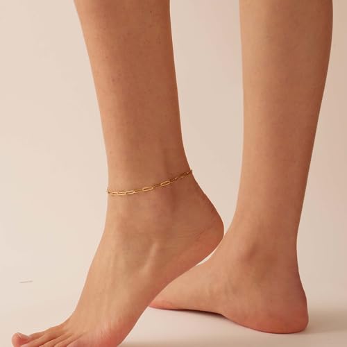 Dainty Ankle Bracelets for Women 18K Gold Plated Satellite Beaded Herringbone Lip Chain Anklets Simple Minimalist Summer Beach Foot Jewelry Christmas Gifts - color: Paperclip-Gold