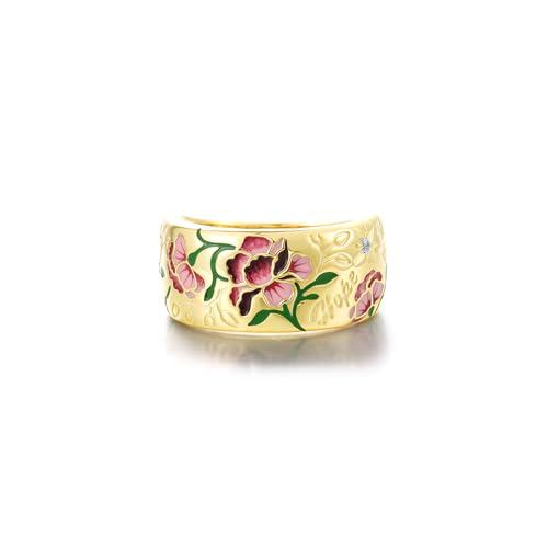 Santuzza 925 Sterling Silver Enamel Flower Pattern Ring for Women - color: Peony-Red