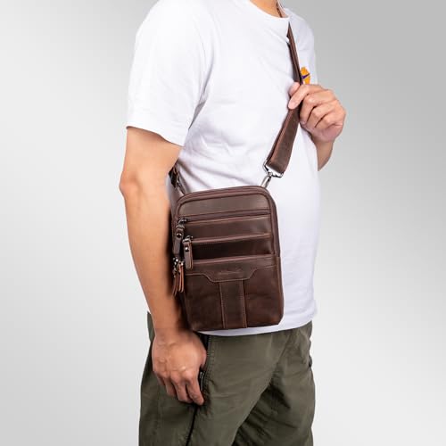 Leather Messenger Bag for Men, Small Leather Sling Shoulder Bag Messenger Pack for Men, Man Purse - color: Medium Dark Coffee