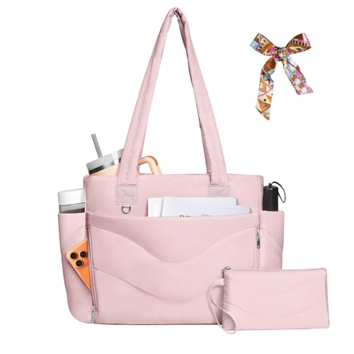 YFWE Puffer Tote Bag for women, Lightweight Tote Bag with Compartments for Work, Travel, School, Gym & Nurses - color: Pink
