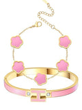 H Bangle & Clover Bracelet for Women - Stainless Steel Fashion Jewelry - 18K Gold Plated H Bangle and Lucky Five Leaf Clover Bracelet - Elegant Bracelets Set - Gift for Women - color: Gold-Pink Set
