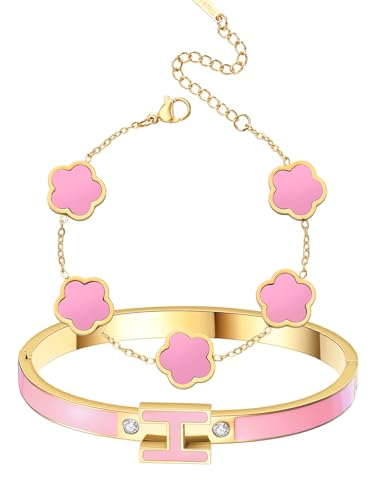 H Bangle & Clover Bracelet for Women - Stainless Steel Fashion Jewelry - 18K Gold Plated H Bangle and Lucky Five Leaf Clover Bracelet - Elegant Bracelets Set - Gift for Women - color: Gold-Pink Set