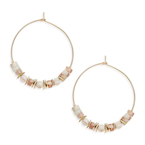 Natural Stone Beaded Hoop Earrings for Women, Boho Handmade Lightweight Hypoallergenic Trendy Summer Beach Accessories Fashion Jewelry Gift - color: beige