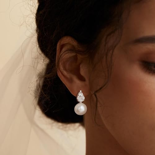 Pearl Earrings for Women, Dainty Wedding Bridal Earrings 14k Gold Plated CZ Pearl Drop Earrings for Women Trendy Hypoallergenic Unique Gold Drop Earrings Fashion Prom Jewelry - color: Silver-M