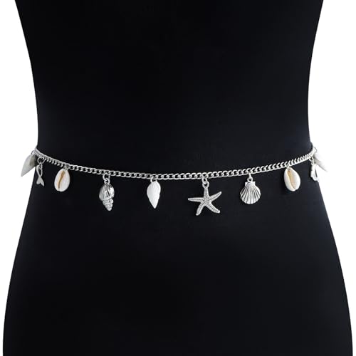Boho Pearl Shell Waist Body Chain Starfish Conch Belly Chain Beach Bikini Body Chain Ocean Trinkets Waist Chain Belt - color: Silver