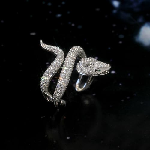 Sterling Silver Statement Ring 14K Gold Plated Healing Protection Snake CZ Pave Adjustable Open Ring 34mm