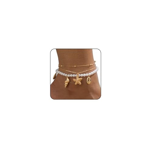 Ankle Bracelets for Women Waterproof Beach Jewelry for Women Elastic Beaded Anklets Boho Seashell Pearl Starfish Anklets for Women Foot Jewelry - style: 3 - 3 layer pearl shell conch