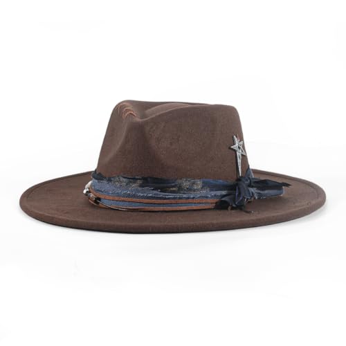 Womens Boho Fedora Hat Wide Brim Fedora Mens Handmade Flat Brim Hats - color: Chocolate