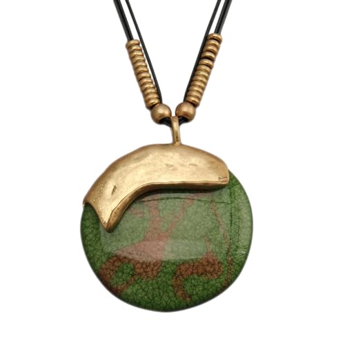 Bohemian Women's Leather Long Pendant Necklace Sweater necklace Adjustable Retro Woven Handmade Jewelry - color: Green stone
