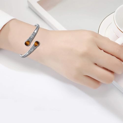 925 Sterling Silver Genuine Gemstone Bracelet for Women Men Handmade Adjustable Boho Navajo Style Bangle Cuff Natural Stone Jewelry Gift - color: Tiger Eye