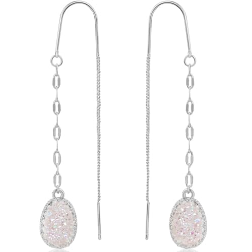 Simulated Druzy Threader Earrings for Women - Gold, Silver, or Rose Gold Tone Long Chain Earrings with Boho Created Geode Stone - color: Silver - White Created Opal