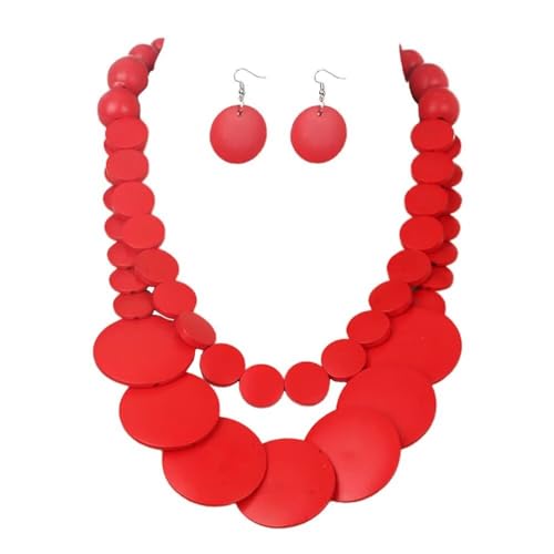 Zian Colorful Wooden Round Beaded Necklace Earrings Jewelry Set for Women Multicolor African Wood Beads Geometric Ethnic Choker Bohemian Statement Accessories - color: Red