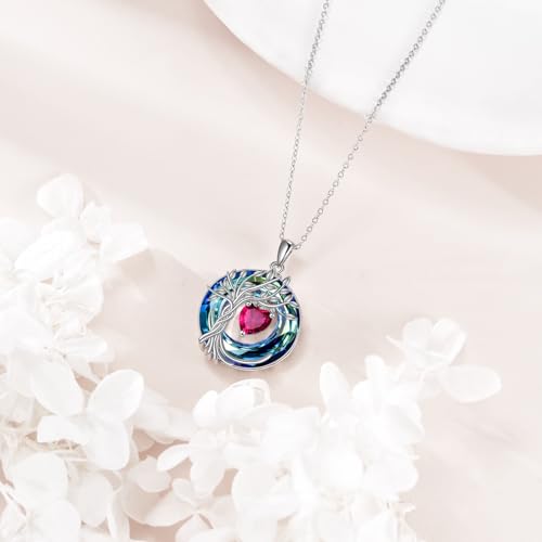 POPLYKE Mothers Day Gifts for Mom Her Wife Tree of Life Necklace 925 Sterling Silver Birthstone Pendant with Crystal Anniversary Birthday Wedding Jewelry for Women - color: 07-Jul-Ruby, style: White Gold Plated-Blue Crystal