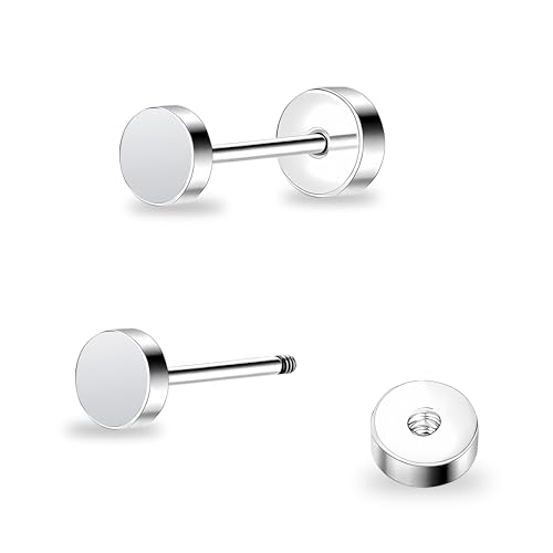 ZDE Women Earrings Flat Back Dot Earrings Titanium Hypoallergenic Cartilage Non-Nickel Earrings Studs for Sensitive Ears Simple Classic 3mm/4mm/5mm/6mm Screw On Stud Earring - color: Silver, size: 4MM
