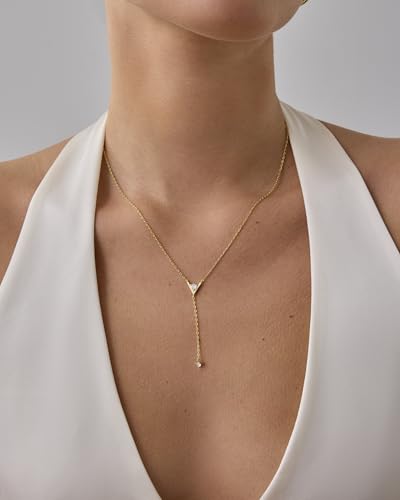 PAVOI 14K Gold Plated Drop Lariat Chain for Women - Cubic Zirconia Long Necklace - Station Star Layered Beaded Y Necklace - style: V-Shaped