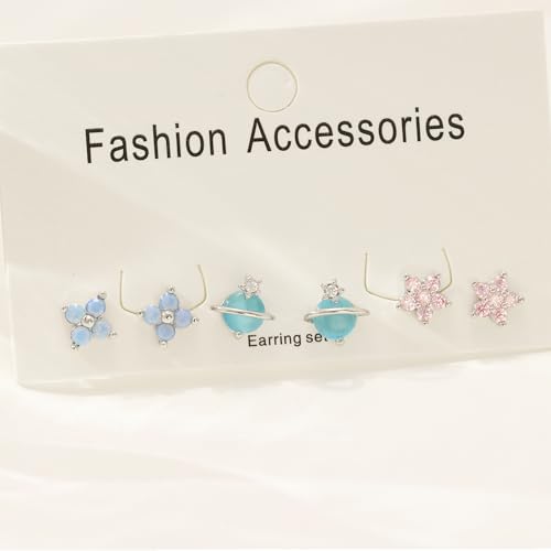 6 Pcs/6 Pairs Hypoallergenic 925 Sterling Silver Stud Post 14K Gold Earrings for Women Moon Star Hoop Stackable Cubic Zirconia Chain Dangle Earring Set Stacks for Multiple Piercings - color: Silver Flower Planet
