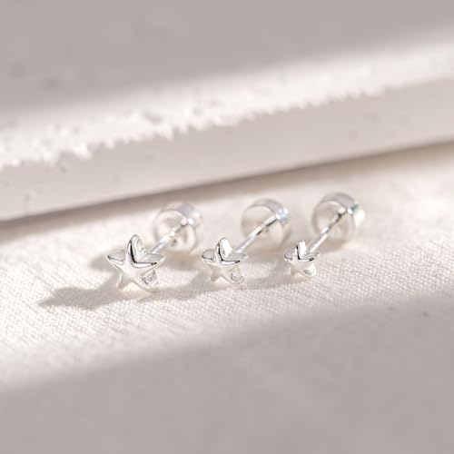 3 Pair Tiny Flat Back Earrings for Women - 14K Gold/White Gold Plated Dainty Cute Small Screw Flatback Stud Earring, Everyday Wear Gift - color: Star Flat-4/5/6mm Silver