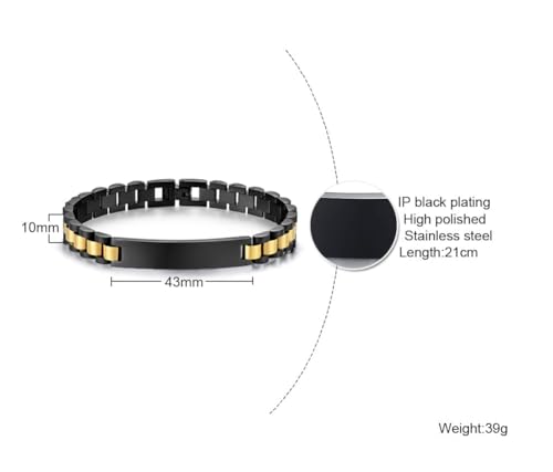Custom Mens Bracelet Personalized Watch Band Engraved Name Bracelets for Men Customized ID Cuff Wristband Gift for Dad Husband - style: Black&Gold-1.0cm